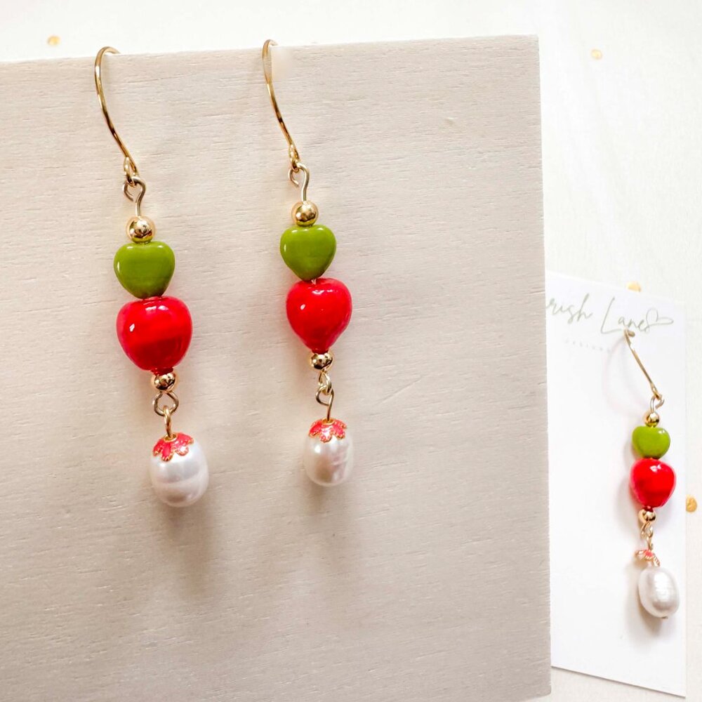 Apple Red Heart Beaded Drop Earrings Pearl Gold | Cute Artisan Statement - Picture 9 of 11